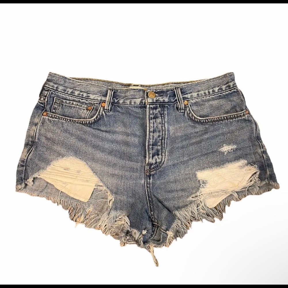 We The Free People Distressed Blue Light Wash Denim Cut Off Shorts